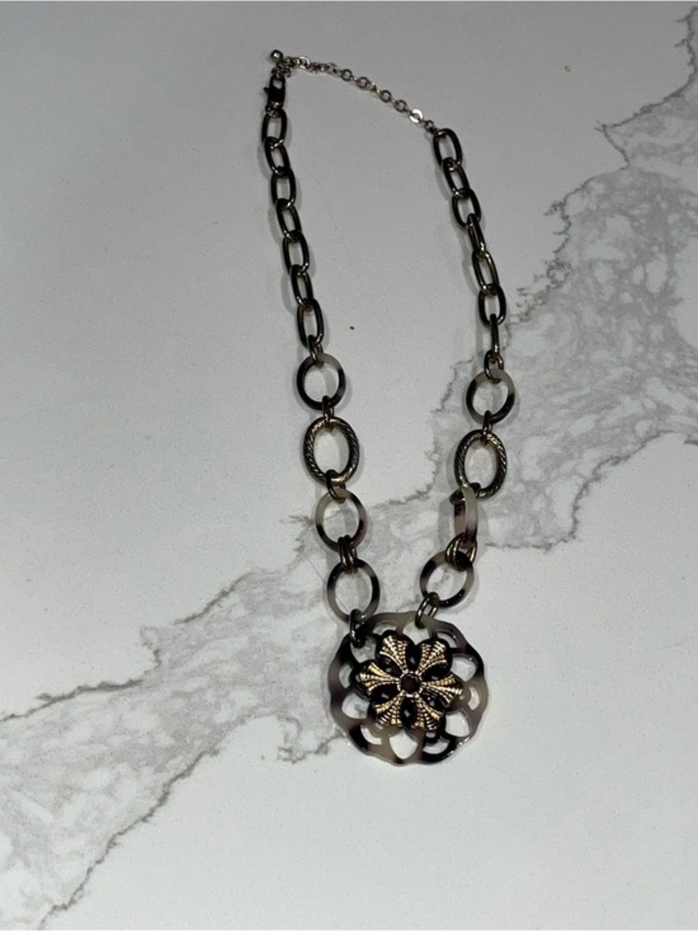 Gold and Black Floral Medallion Chain Necklace - Picture 1 of 3